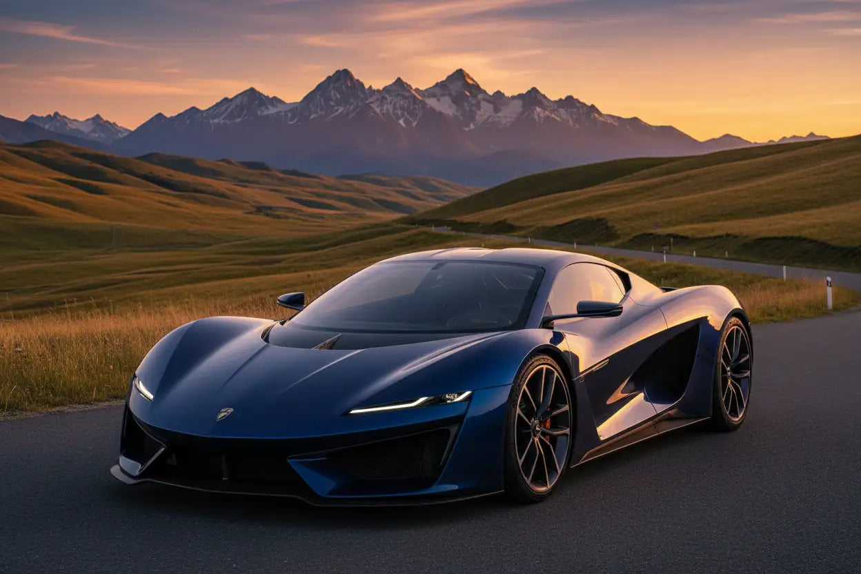 Photo de l’extérieur d’une voiture de sport avec un beau paysage 